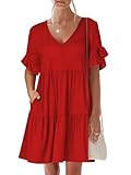 ANRABESS Dresses for Women Summer 2025 V Neck Ruffle Sleeve A Line Tiered Flowy Casual Trendy Mini Beach Dress with Pockets Red Medium
