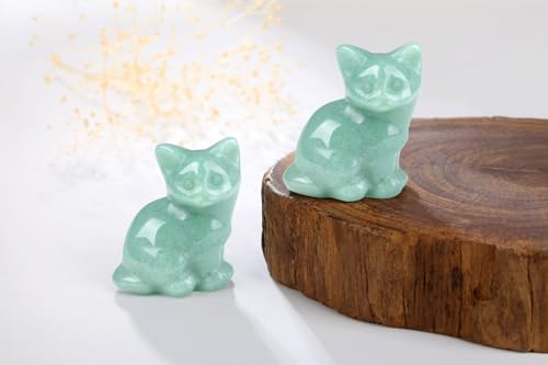 Chat en aventurine verte sculpté à la main, objet d'art en cristal