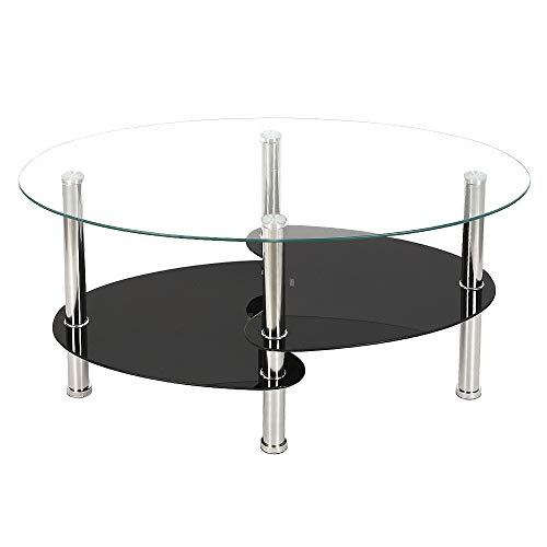 YJIIJY Table Basse Ovale en Verre trempé 3 Niveaux avec étagères en Verre et Pieds en Acier Inoxydable Meubles Bureau à Domicile 90 * 50 * 43cm (Transparent + Noir)