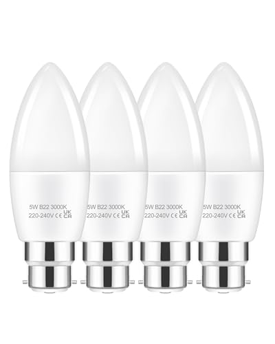 EvaStary B22 Candle Bayonet Light Bulb, 5W (40W Equivalent) B22 LED Bulbs Warm White 3000K, C37 LED Bayonet Candle Cap