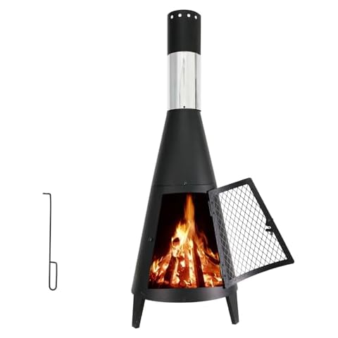 BDL Chiminea Outdoor Fireplace Outdoor Wood Burning Fire Pit Free Standing Fireplace with Log Grate, Mesh Screen for Patio, Backyard, Garden-Black Cover