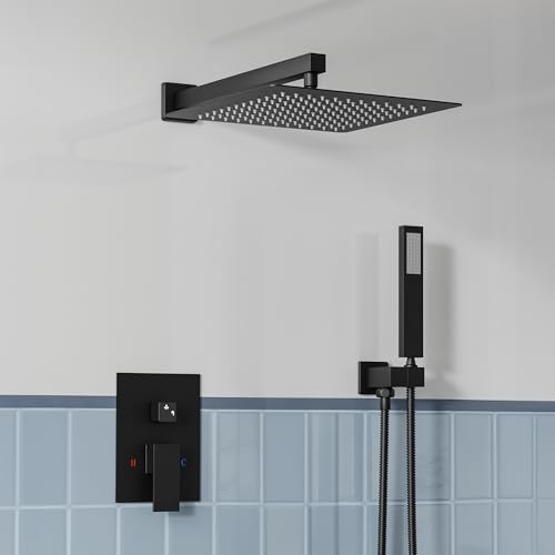 30 x 30 cm Thermostatic Shower Mixer Set, Concealed Shower System with Shower Head and Brass Shower Valve for Bathrooms, Square Stainless Steel Rainfall Shower Panel and Handheld Spray