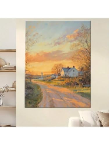 Lienzo decorativo para pared diseño de paisaje de atardecer en un camino rural rústico cálido dorado estilo granja para sala de estar 40 x 60 cm sin marco