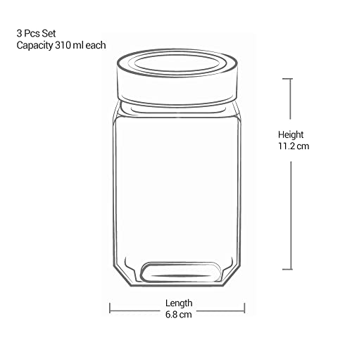 Image of Treo by Milton Cube Storage Containers, Set of 3, Glass Jar with Air Tight Steel Lid, 310 ml each, Transparent Jars for Snacks, Pulses, Masala, Pickles, Cereals, Cookies, Dry Food