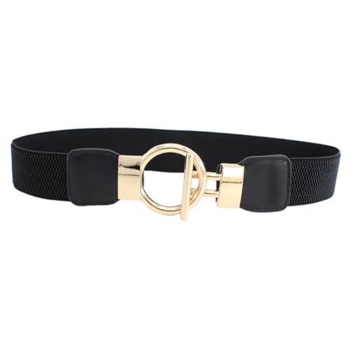 PU Wide Elastic Waist Belt for Women Stretch Waistband with Golden Round Pin Buckle Cinch Girdle for Dresses Jeans and Trousers Black