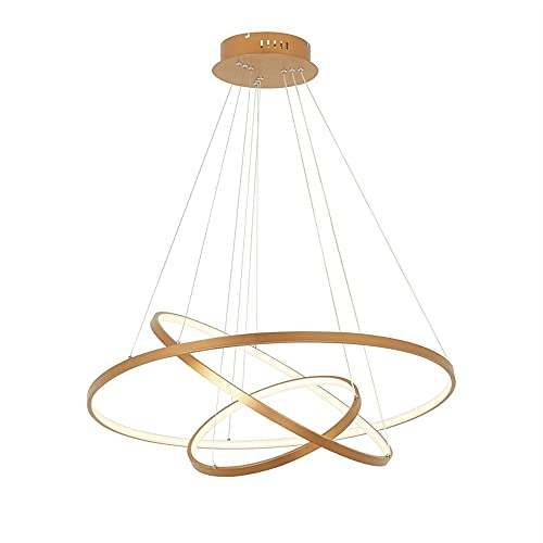 Lámpara colgante LED circular de anillo, lámpara colgante de acrílico de metal moderno Lámpara colgante ajustable en altura para sala de estar, dormitorio, mesa de comedor, oro + luz de 3 colores-20＋4