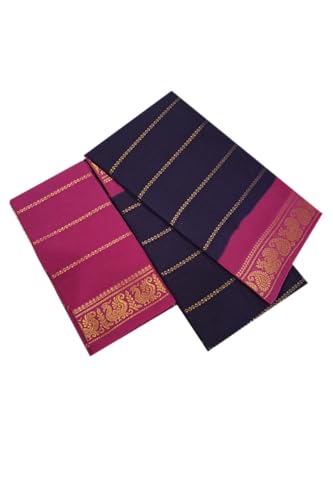 Image of Madurai Sungudi Cotton - 6 Yard Dye and Tie Velthari Contrast Color Combination Double Side Gold Kanchi Zari Border (Seprate Matching Blouse)