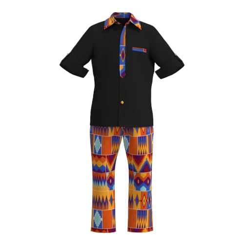 Image of XIAOHUAGUA African Clothes for Boy Kids African Outfit 2 Pcs Set Kente Print Shirt and Long Pants