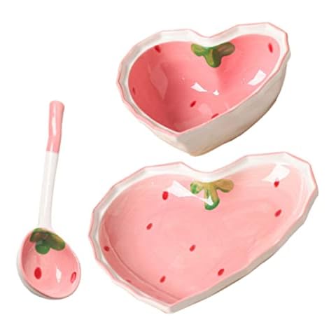 Luxshiny Ceramic Dessert Bowls Plate: Heart Shaped Salad Bowl Cute Porcelain Bowls Cereal Bowls Side Dish for Soup Snacks Cereal Ice Cream Pink Cover