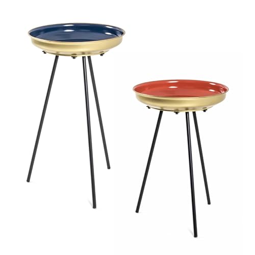 HAKU Möbel Juego de 2 mesas auxiliares azul, oro, coral, negro, metal, metal - Dim.: AL 56/66 cm x diámetro 38/38 cm, Estilo: Art Déco