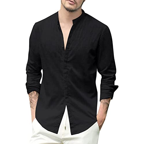 Men's Stand-Up Collar Cotton Linen Long-Sleeved Shirt V Neck Casual Beach Casual Button Shirt Summer Yoga Tops
