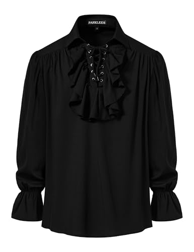 PARKLEES Men's Renaissance Pirate Ruffled Frilly Shirts Jabot Collar Victorian Medieval Costume Black Large