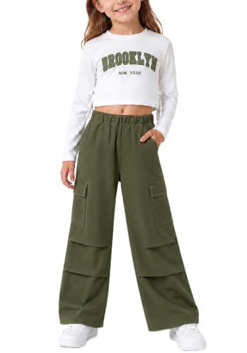 JiAmy Dziewczęca bluza z długim rękawem i spodnie bojówki stroje moda jesień casual sport streetwear 7-12 lat, Głęboka zieleń, 9-10 Years