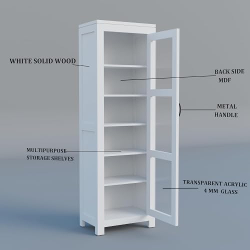 Image of Krishna Wood Decor Solid Sheesham Wood Deco White Corner Book Shelf, Showcase Acrylic Glass Door Crockery Unit Or Bookcase, Six Shelves Wooden Book Rack, Display Cabinet for Home & Library Areas