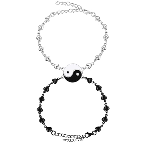 Image of 2 Couple Bracelets for men women, Love /Koi Fish /Gossip Jigsaw Puzzle Stainless Steel Heart-shaped Chain Adjustable Bracelet for Boyfriend Girlfriend Valentine's Day Gift Jewelry
