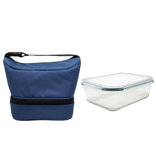 NERTHUS FIH 1503 - Contenitore termico a sacchetto nero con contenitore ermetico in vetro 640ML, borsa porta alimenti con doppio scomparto, interno isolante, con manico, ideale per lavoro e ufficio