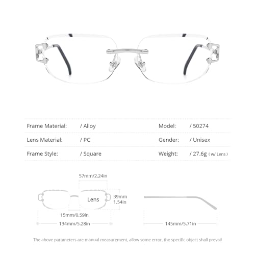 Image of HEPIDEM Vintage Style Rectangular Rimless Metal Eyeglasses for Men,New Frameless Zircon Diamonds Optical Glasses Frame