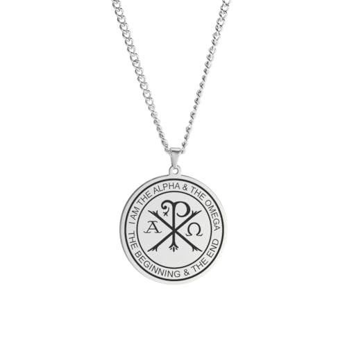 Amaxer Chi Rho - Collana da uomo con medaglione greco ortodosso con simbolo alfa omega, rotondo, in acciaio inox, gioiello a catena (Argento)