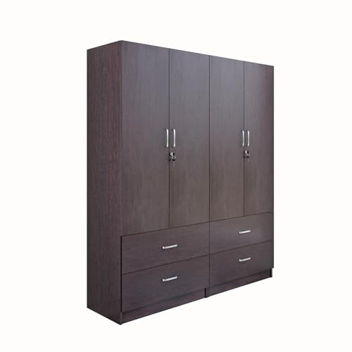 Image of VIKI Wardrobe |Wooden Almirah for 4 Door 4 Drawer with Shelves & Hanging Space Wardrobe (Dark Wenge - 40D x 160W x 180.8H) | 1 Year Warranty | Free Assembly