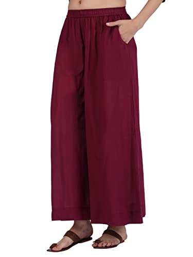 Image of fabcoast Loose Fit Palazzo Pants for Women A-Line Flared Wide Leg Summer Ethnic wear Pure Cotton Cambric with Full Elastic Waistband and 2 Side Pockets