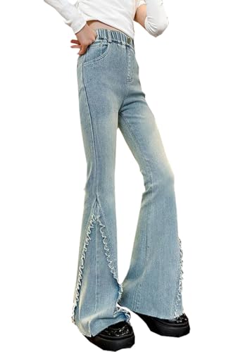 Girls Solid Colored Flare Bell Bottom Jeans Kids High Waist Cute Frayed Hem Flared Denim Pants3