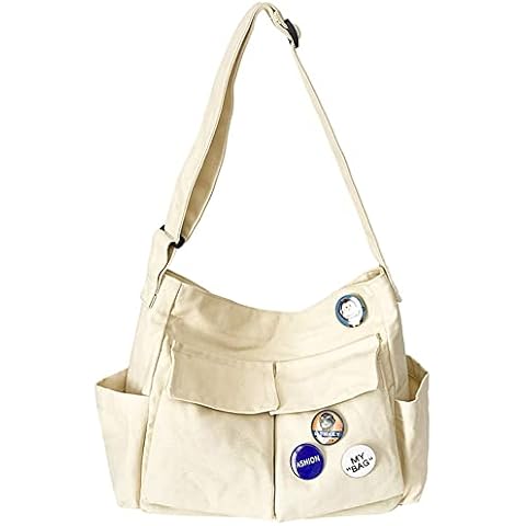 ibalulu Canvas Messenger Bag Large Hobo Crossbody Bag with Multiple Pockets Shoulder Tote Bag for Women and Men (Beige) Cover