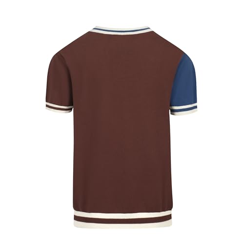 OXKNIT Mens Vintage Knitted Shirt Short Sleeve Classic Blue Brown Patchwork 1976 Pattern Crewneck Tops2