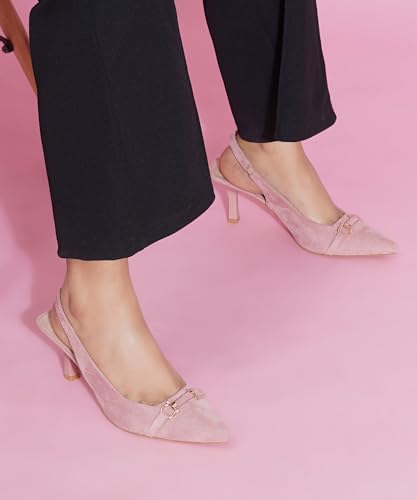Image of JM LOOKS Women's Sophisticated Pointed Toe Slingback Kitten Heels with Metallic Buckle Accent for Professional and Evening Elegance