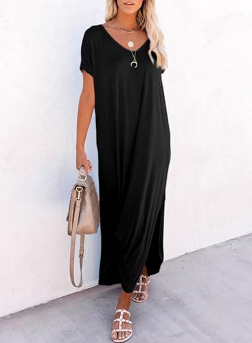 Image of Dokotoo Womens Long Shirts Dress Summer Dresses Swimsuit Coverups for Women Short Sleeve Beach Dress Sundress Plus Size Black Maxi Dresses S