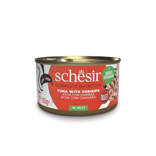 Schesir Atún con Gambas en Gelatina, Comida Húmeda para Gatos, en Latas, 100% Natural, con Vitaminas Añadidas, 12 x 85g