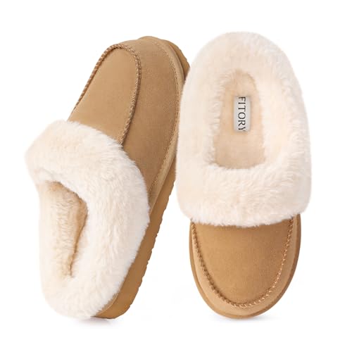 FITORY Women's Suede Slipper, Flat Slip On House Shoes with Faux Fur Lining Indoor Outdoor Short Mini Boots Brown Suede Size 8