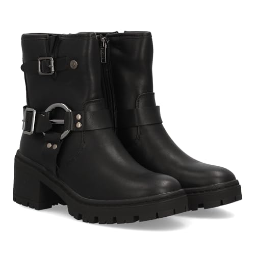 97577 Botin de mujer estilo biker con cana media y cierre lateral de cremallera. Doble hebilla decorativa con aros metalicos. Suela gruesa con tacon ancho. Ideal otono invierno. Negro Talla 37