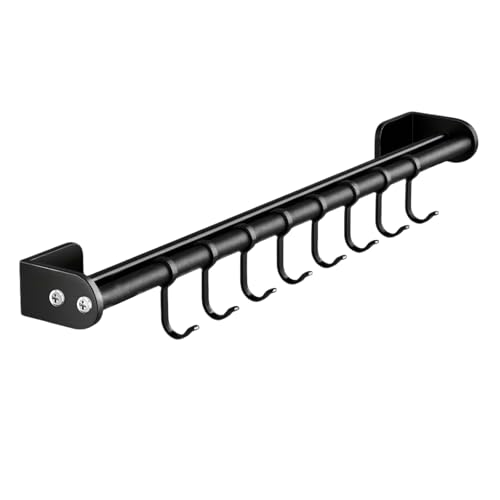 Smallboutique Riel para utensilios montado en la pared con ganchos y ranura para cuchillos, organizador de cocina de acero inoxidable, ahorra espacio, negro elegante, fácil de instalar