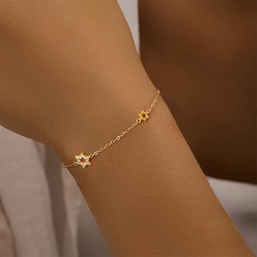LOVECOM 14K Gold Plated Jewish Star of David Bracelet for Women 925 Sterling Silver Star Cubic Zirconia Link Charm Chain Bracelet Jewish Jewelry Birthday Gifts for Friend Daughter Mom3