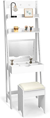 LUARANE Modern Vanity Makeup Set, Dressing Table with 6 Compartments 2 Open Storage Shelves 3 Hooks Flip Mirror, Ladder Makeup Table with Cushioned Stool, Multifunctional Table Set for Home, White
