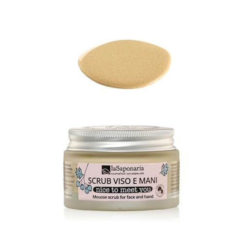 La Saponaria | Nice to meet you - Scrub Mousse Viso&Mani, Esfoliante viso e mani concentrato con rosa canina, rusco e acqua costituzionale di mirtillo, 45ml