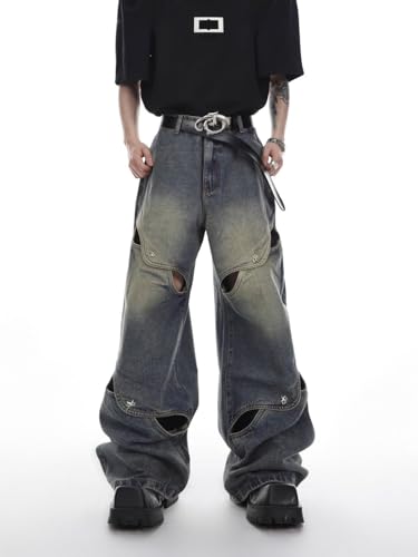 Men's Vintage Flared Leg Denim Jeans Hollow Out Denim Pants Wide Leg Pants Y2K2