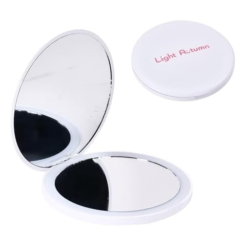 Light Autumn Compact Small Mirror with LED Light - Mini Mirror LED with 10X Magnification - Plastic Compact Mirror with Light for Makeup Application - Travel Accessories for Women - 3.5"x0.6", White Cover