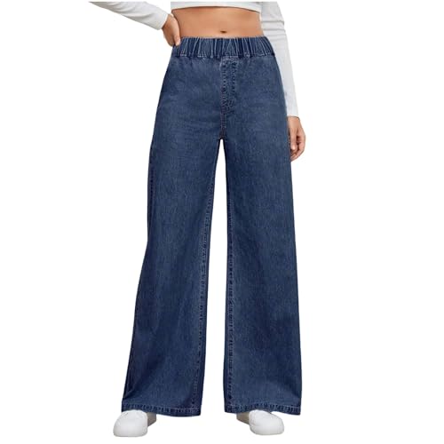 HGps8w Versatile Wide Leg Jeans for Women Comfy Elastic High Waisted Loose Boyfried Denim Pants with Pockets