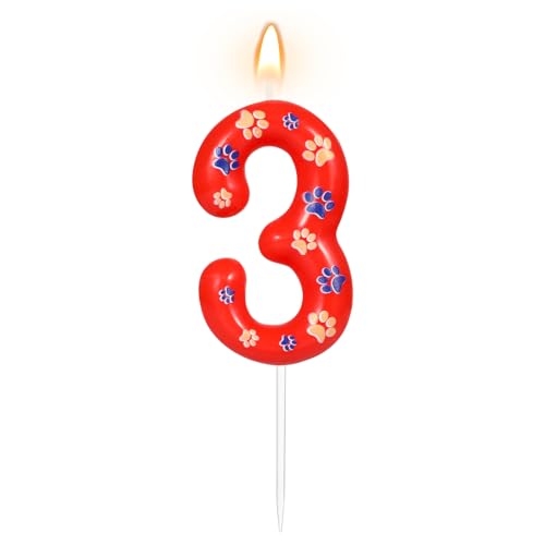 AKURIEEY Dog and Cat Paw Birthday Candles Red Blue and Yellow Numbers 3 Candle Cake Topper Cupcake Decorations for Pet Theme Party Decor Anniversary Celebrations Supplies