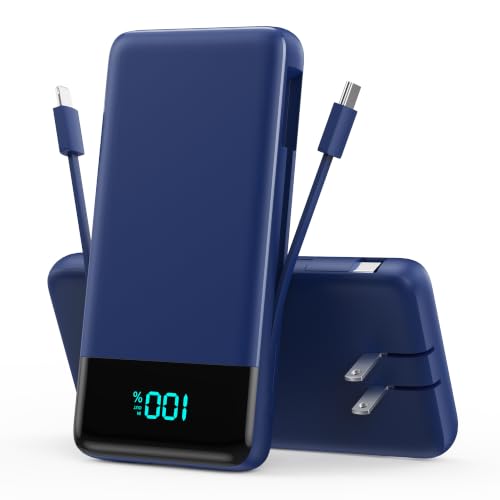 Image of Portable Charger Power Bank for iPhone with Built-in Cables and AC Wall Plug,13800mAh Ultra Slim Travel Essentials,USB C Fast Charging External Battery Pack for iPhone 17 /16 /13,Galaxy,Android- Blue