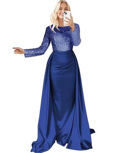 Long Sleeve Satin Prom Dresses for Women 2025 Mermaid Sequin Mock Neck Formal Evening Party Gown with Slit