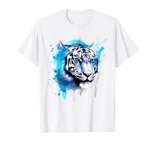 Tigre - Occhi azzurri - Animale Art Motivo Maglietta bianco