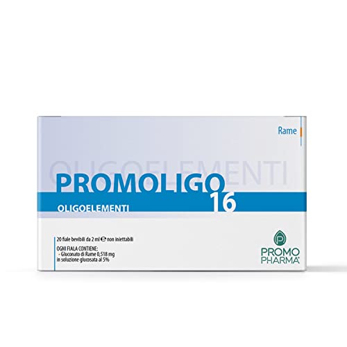 Prodotto senza glutine. Promoligo 16 - Rame - Integratore Alimentare, Oligoelementi Essenziali - Rame, per le difese dell\'organismo - senza glutine - 20 fiale da 2 ml