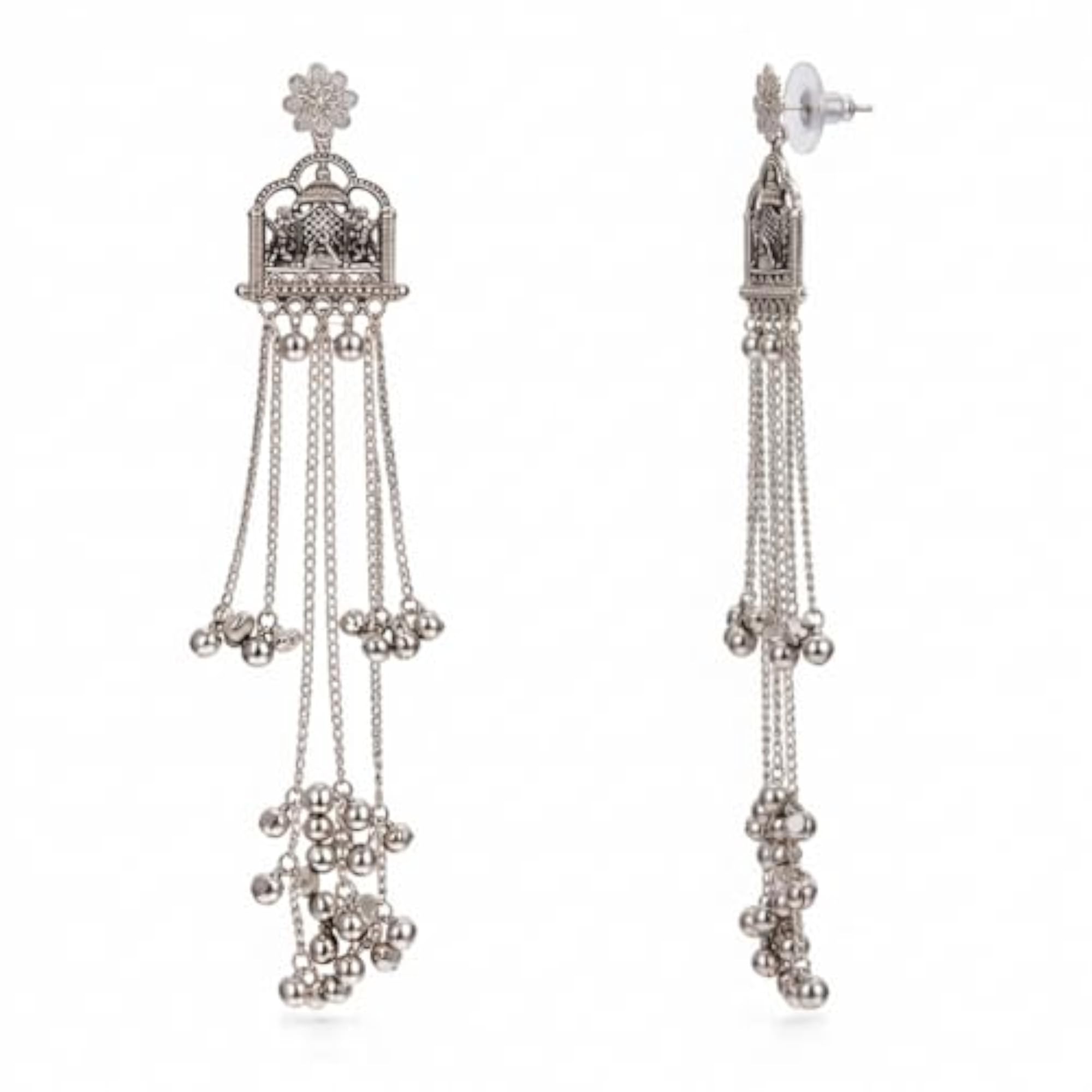 Traditional Oxidized Long Tassel Earrings with Temple Motif