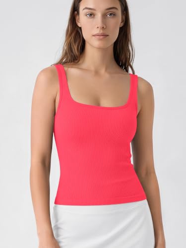 Image of ODODOS 3-Pack Seamless Square Neck Crop Tank for Women Ribbed Knit Soft Low Back Cropped Tops