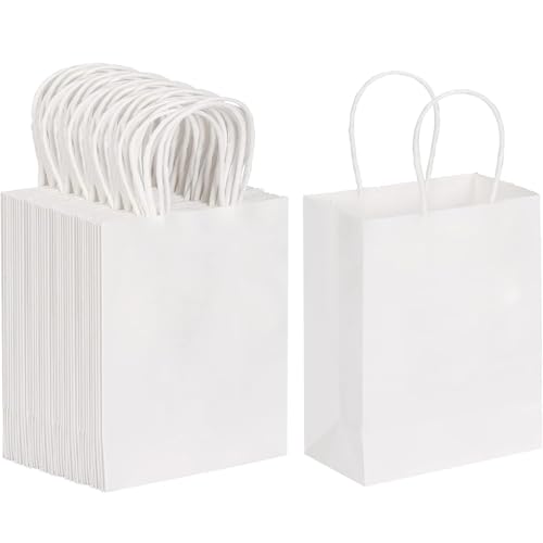 Image of Aakriti Kraft Paper Bags with Handles, White Small Gift Bags Bulk, Retail Bag, Shopping, Birthday Wedding Party Favour Bags, Merchandise Bags | Small Size: 7x3.5x8.5 inch WHITE (Pack of 25)