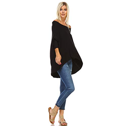 Isaac Liev Women's Tunic Top – Casual 3/4 Batwing Dolman Sleeve Off Shoulder Baggy Oversized Loose Fit Flowy T Shirt Blouse 108 Black M #TOP3