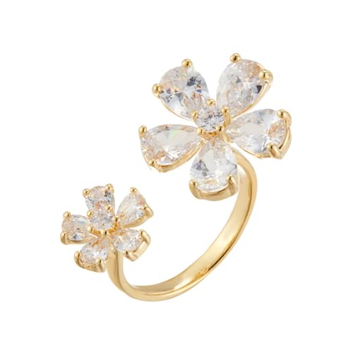 Kokoma Double Flower CZ Ring for Women Gold Plated Floral Open Statement Ring Wedding Band Promise Engagement Rings Wrap Finger Rings Fashion Jewelry
