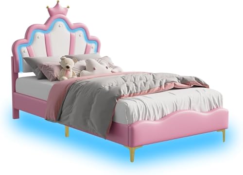 Miniatura 6 de Wsofzmo Cama Tapizada De 90 X 200 Cm, Cama Princesa Con Cabecero Ajustable Y Somier De Láminas, Cama Juvenil De Madera Maciza Y Piel Sintética. Colchón No Incluido Corona Rosa 90x200